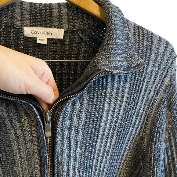Long Sleeve Textured Knit Zip Up Sweater By Calvin Klein 100% Cotton - Picture 3 of 8